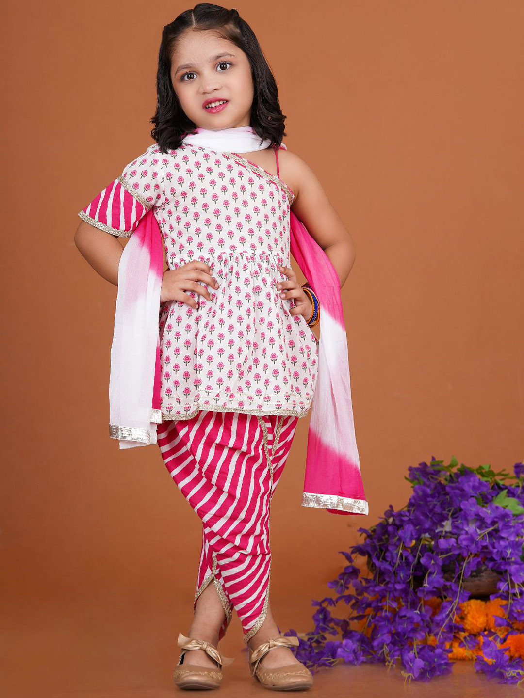 Stuffie Land Girls Printed Gotta Patti Pure Cotton Kurti with Dhoti Pants & Dupatta