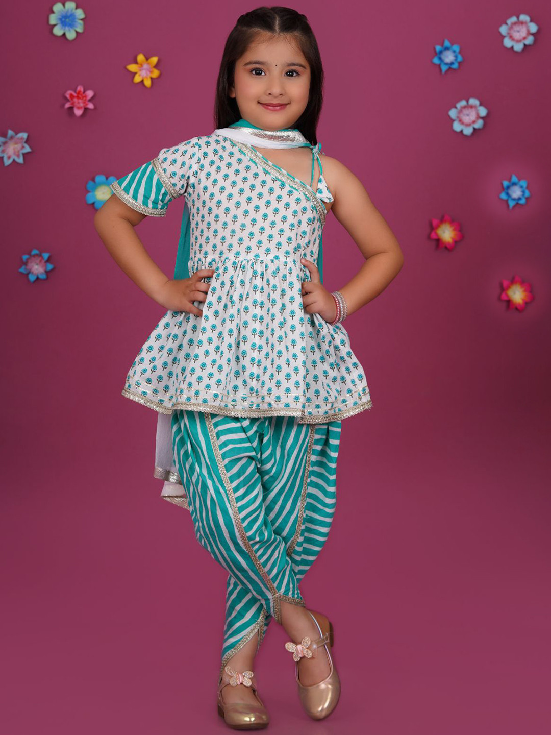 Stuffie Land Girls Printed One Shoulder Cotton Anarkali Kurti With Dhoti Pants & Dupatta