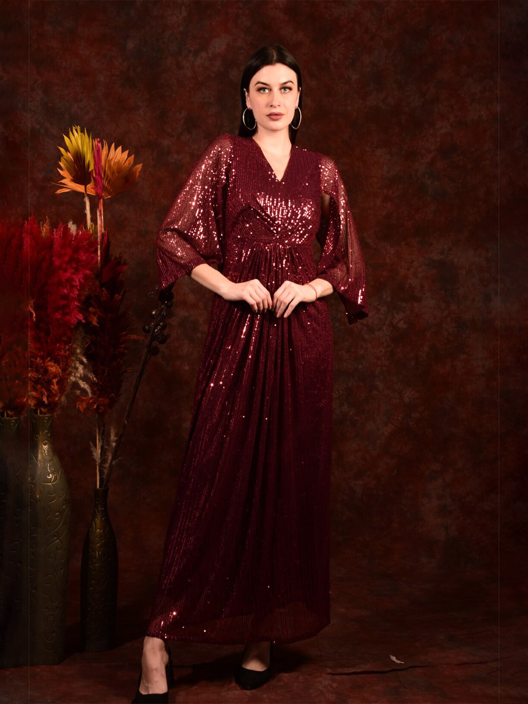 Laalzari Embellished V-Neck Three-Quarter Sleeves Net Maxi Dress