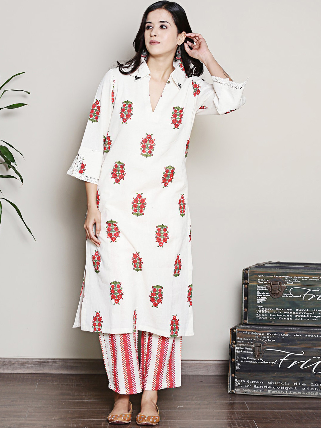 Spring Soul Shirt Collar Floral Printed Mirror Work Kurta