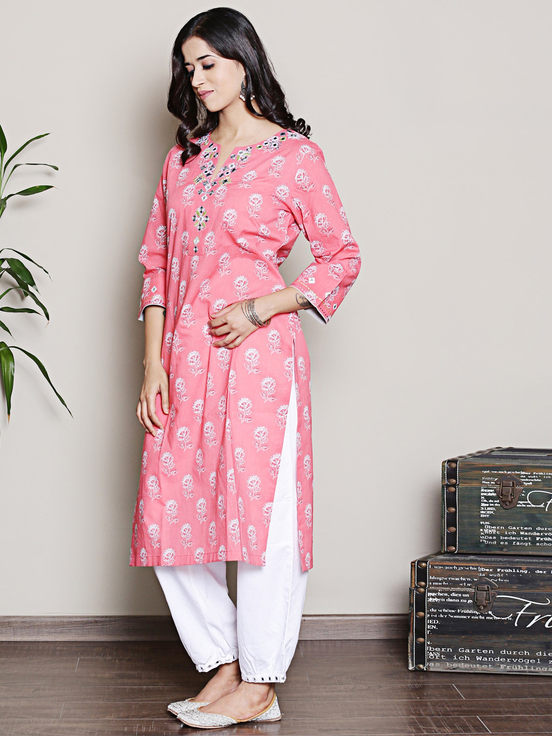 Spring Soul Notch Neck Printed Mirror Work Kurta