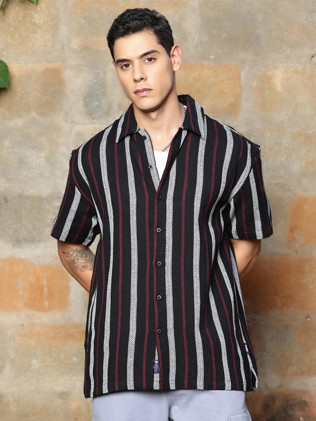 The Roadster Lifestyle Co. Black & Grey Striped Oversized-Fit Pure Cotton Casual Shirt