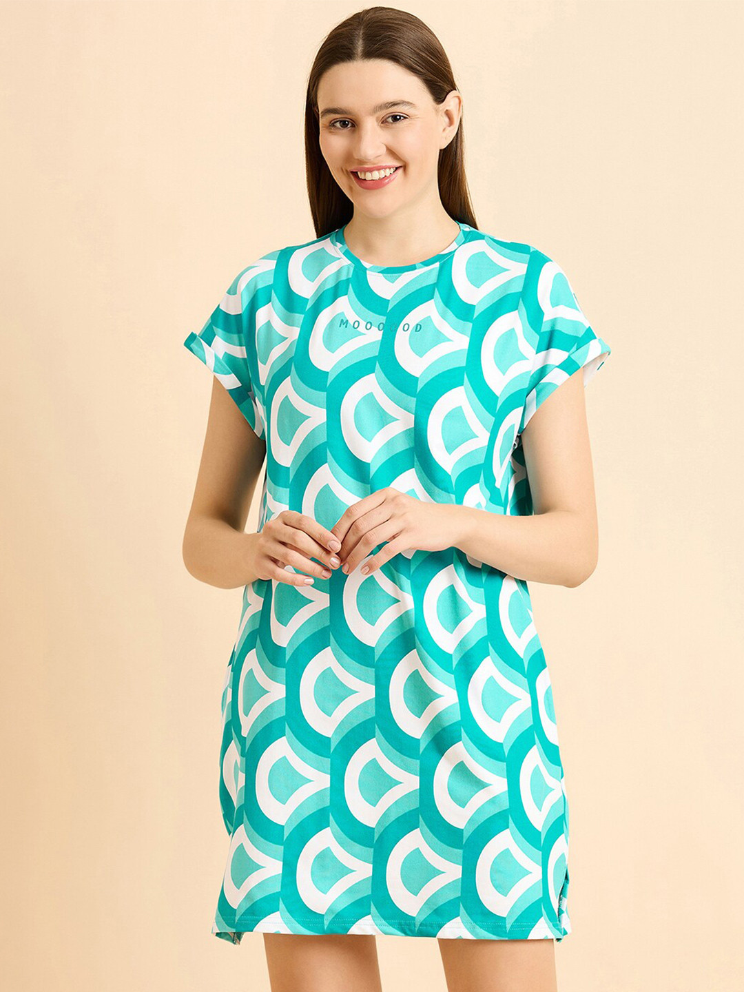 Sweet Dreams Teal Green Geometric Printed Nightdress