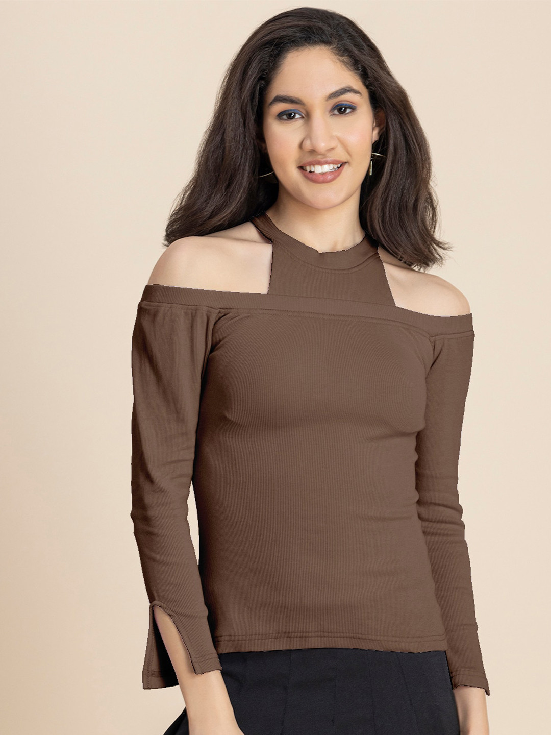 Moomaya Cold-Shoulder Rib Knitted Fitted Top