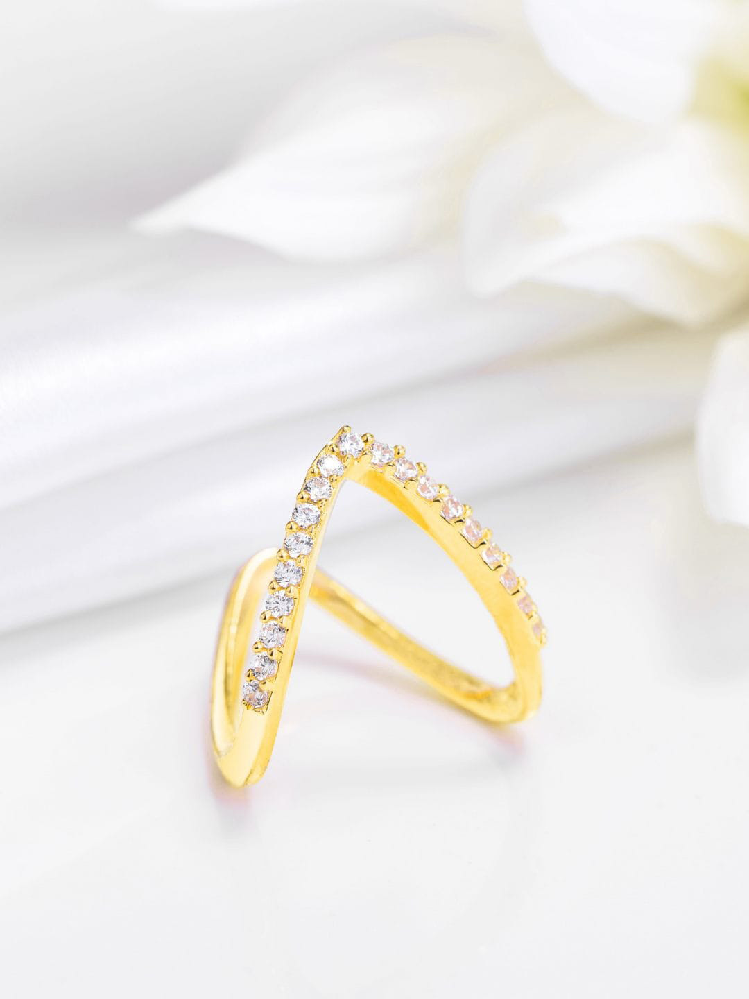 Zavya 925 Pure Sterling Silver Gold-Plated Cubic Zirconia Studded Vanki Ring