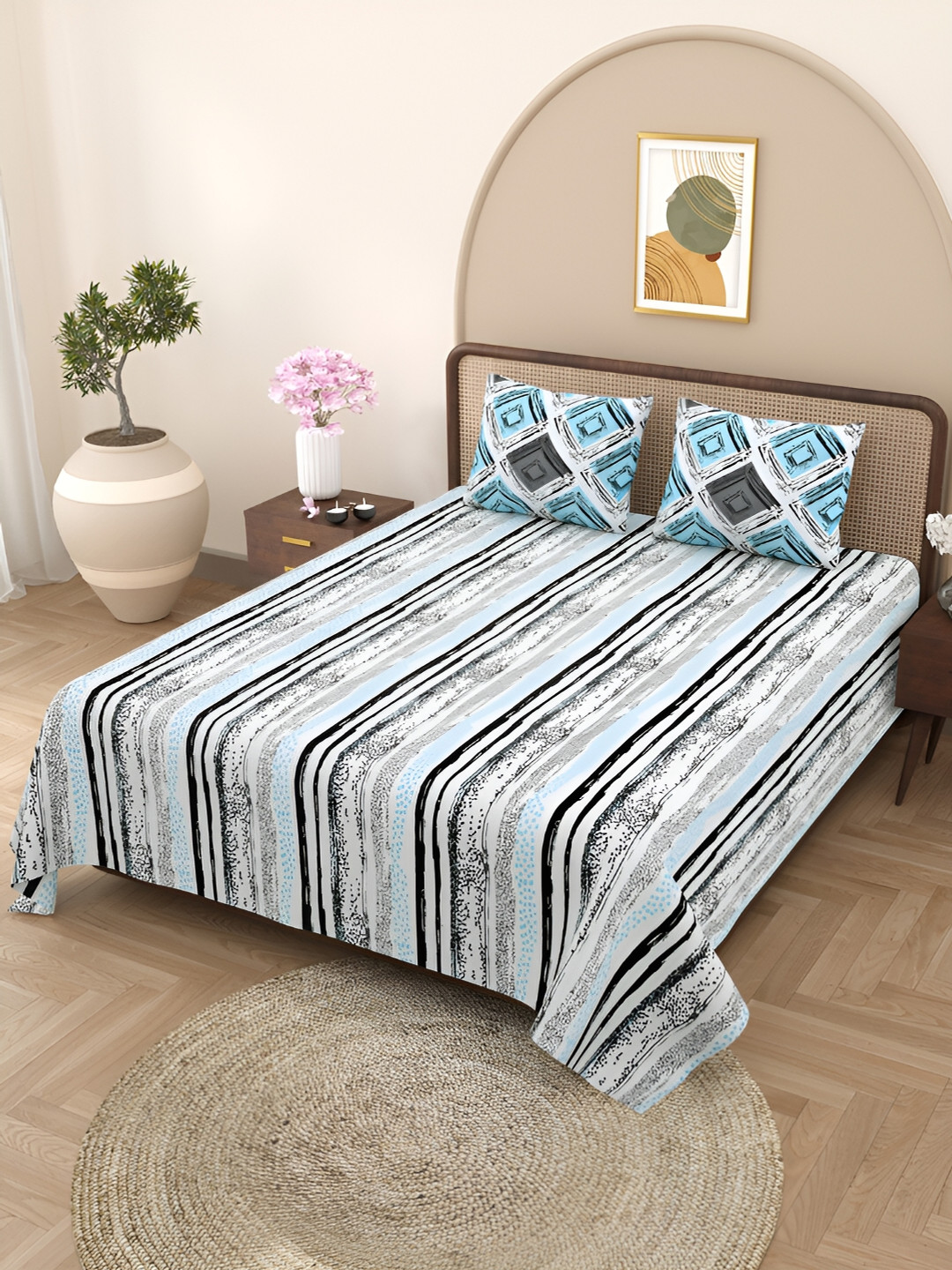 BELLA CASA Egyptian Blue Abstract Cotton 180 TC Queen Fine Bedsheet with 2 Pillow Covers-88 x 96 inches