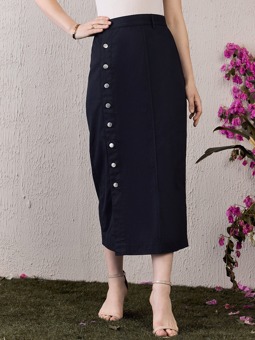 Berrylush BASICS Navy Blue Straight Pure Cotton Midi Skirt