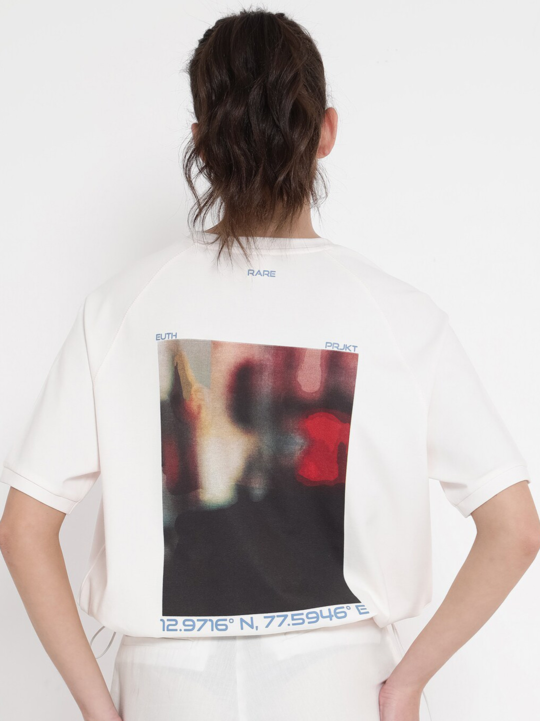 RAREISM KAY Graphic Printed Round Neck Raglan Sleeves Relaxed Fit Cotton T-shirt