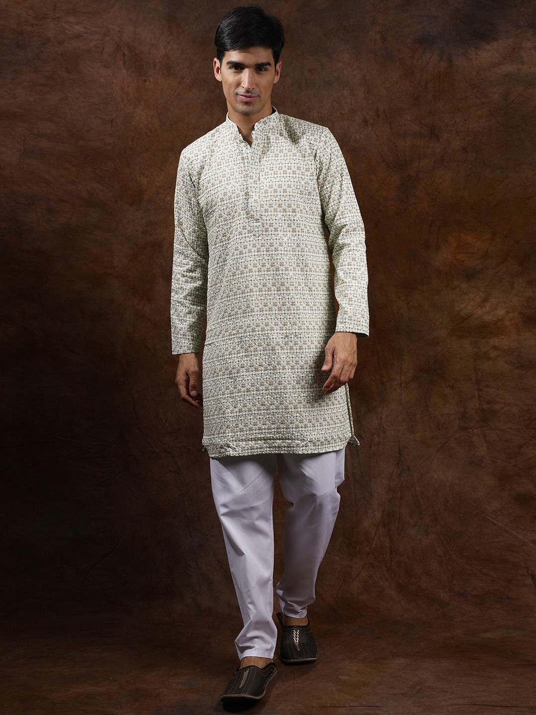 Exotic India Cooling Oasis Sequins and Thread Embroidered Cotton Kurta with Plain Pajama