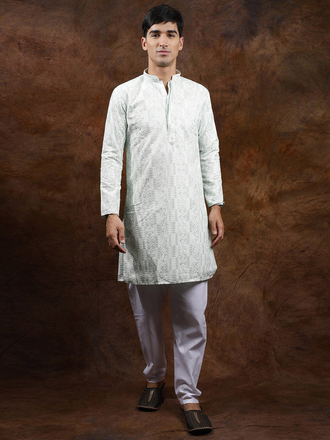 Exotic India Aqua Glass Pastel Kurta Pajama Set with All-Over Chikankari Embroidery