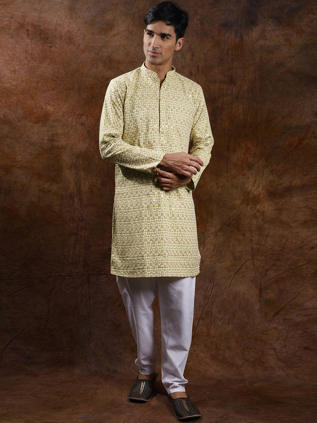 Exotic India Shadow Lime Sequins and Thread Embroidered Cotton Kurta with Plain Pajama