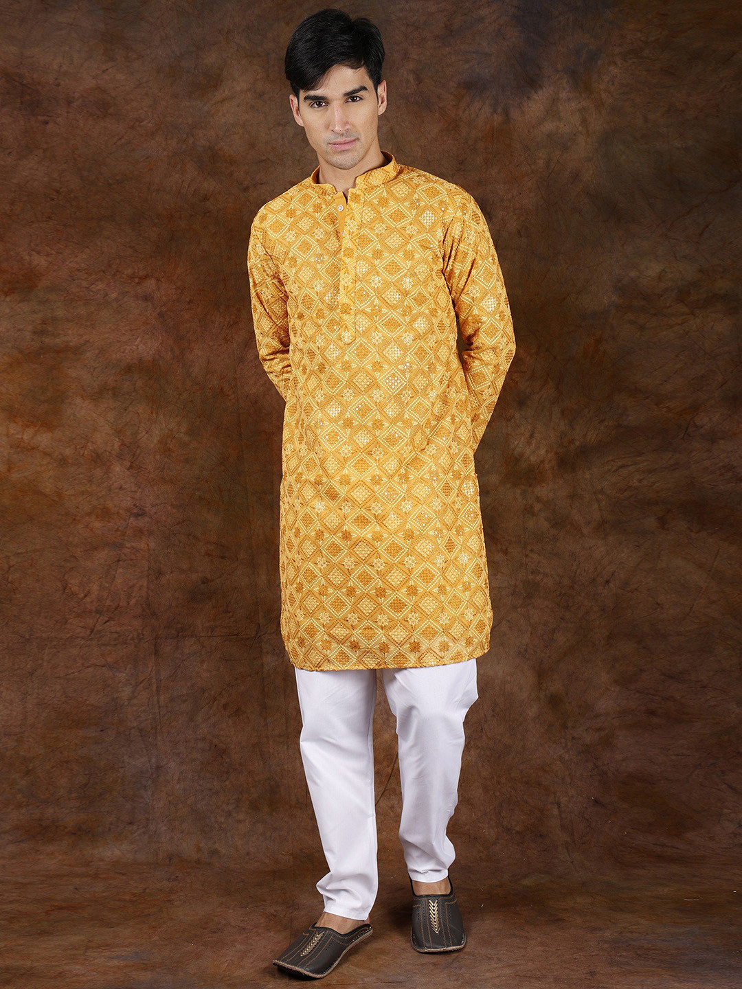 Exotic India Golden Yellow Lakhnavi Chikan Kurta Pajama with Metallic-Thread Embroidery