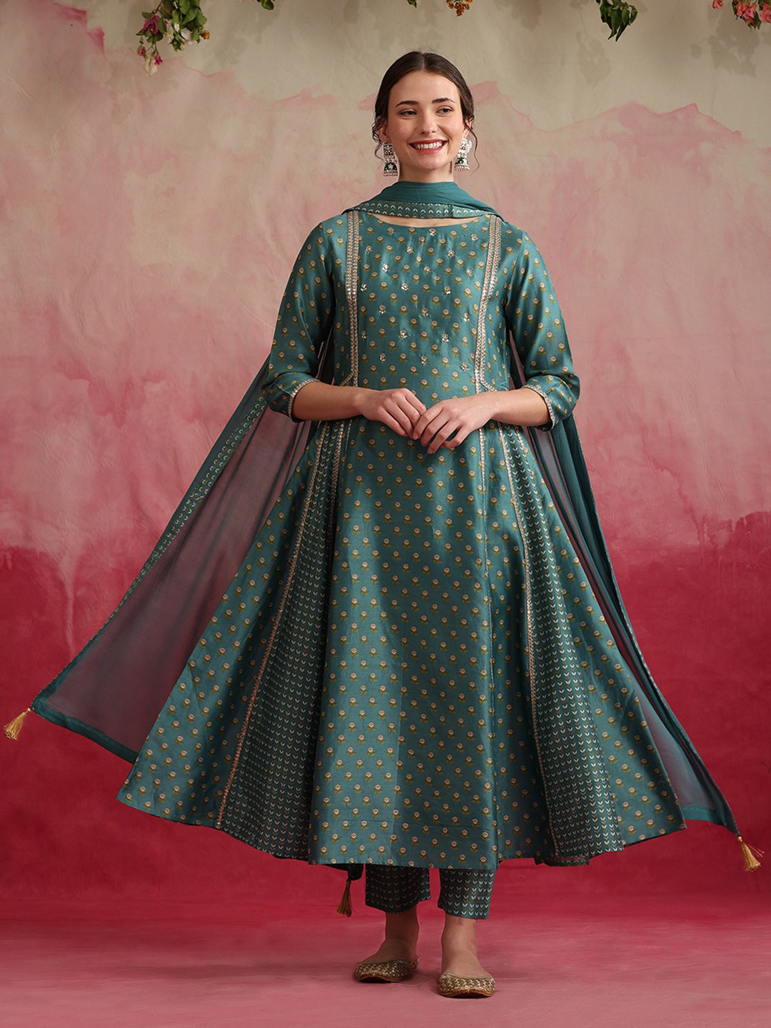 Khushal K Boat Neck Floral Yoke Design Anarkali Kurta with Palazzo & Dupatta