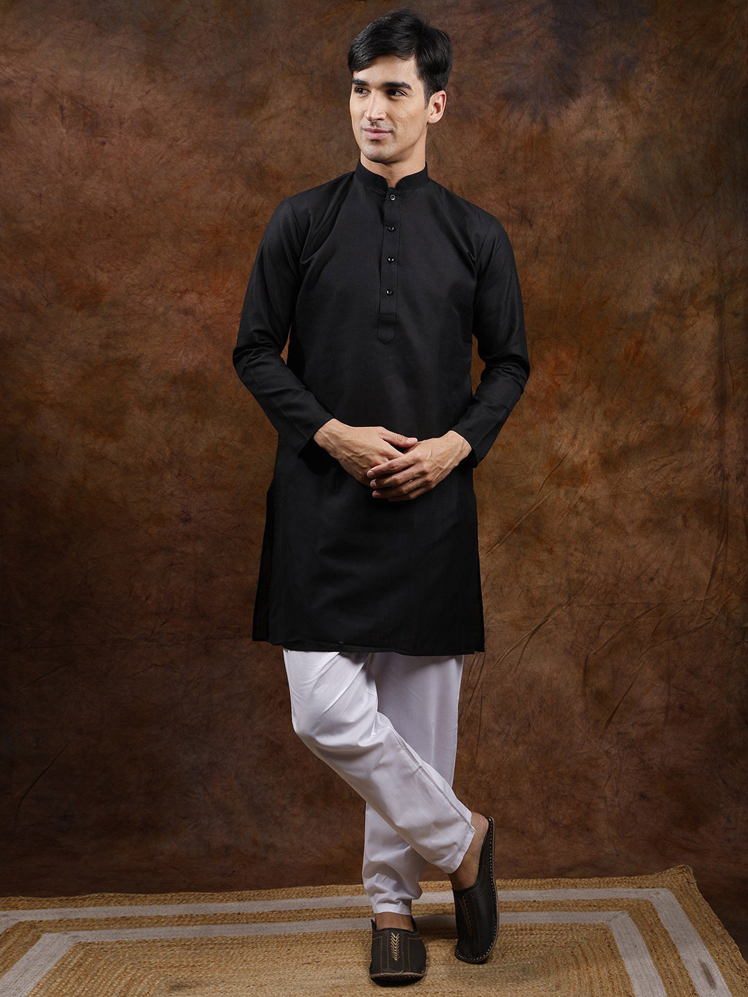 Exotic India Black Onyx Pure Cotton Plain Casual Kurta with Elastic Waist White Pajama