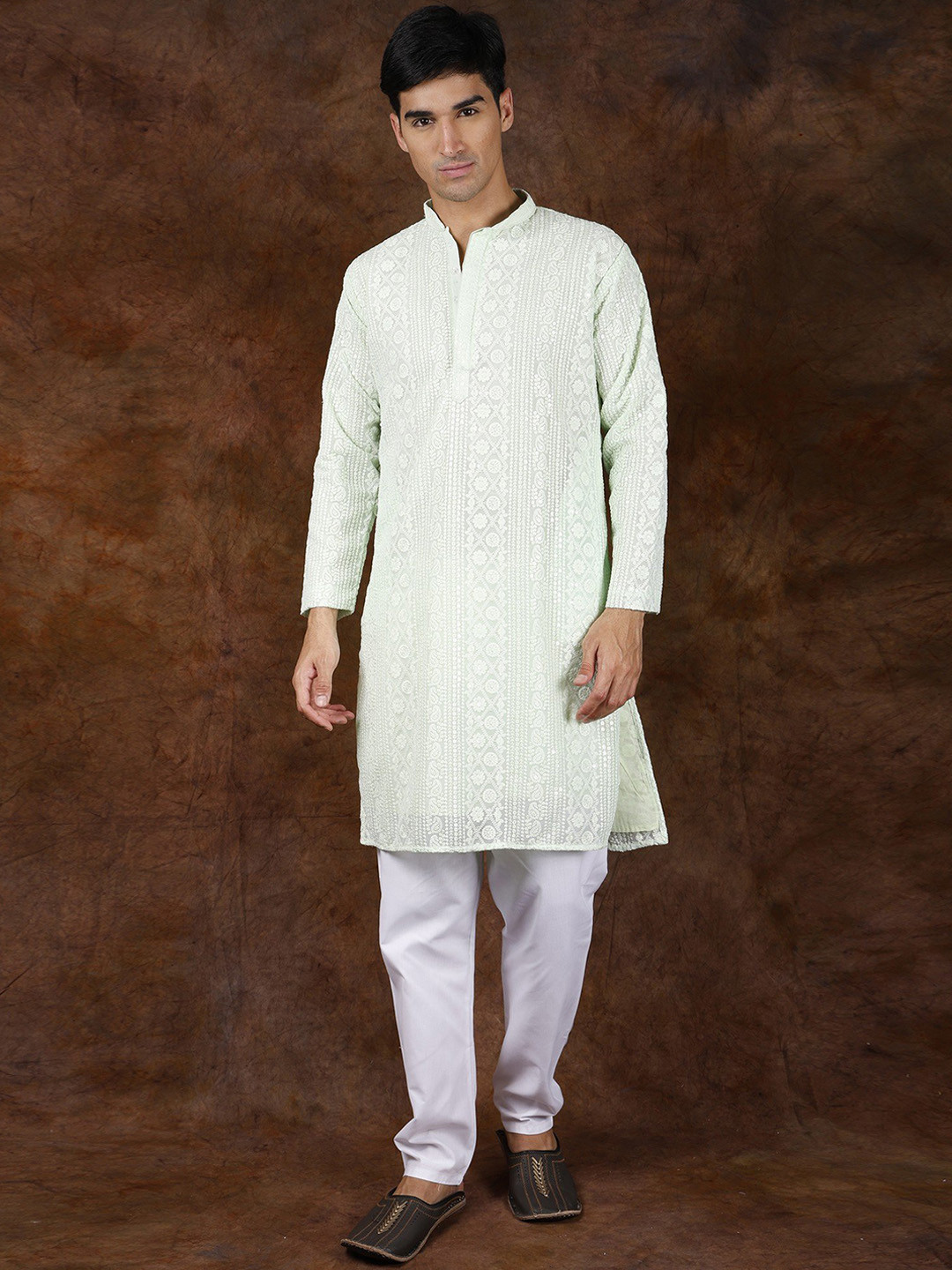 Exotic India Seafoam Green Lukhnavi Chikankari Embroidered Kurta Pajama with Sequin Work