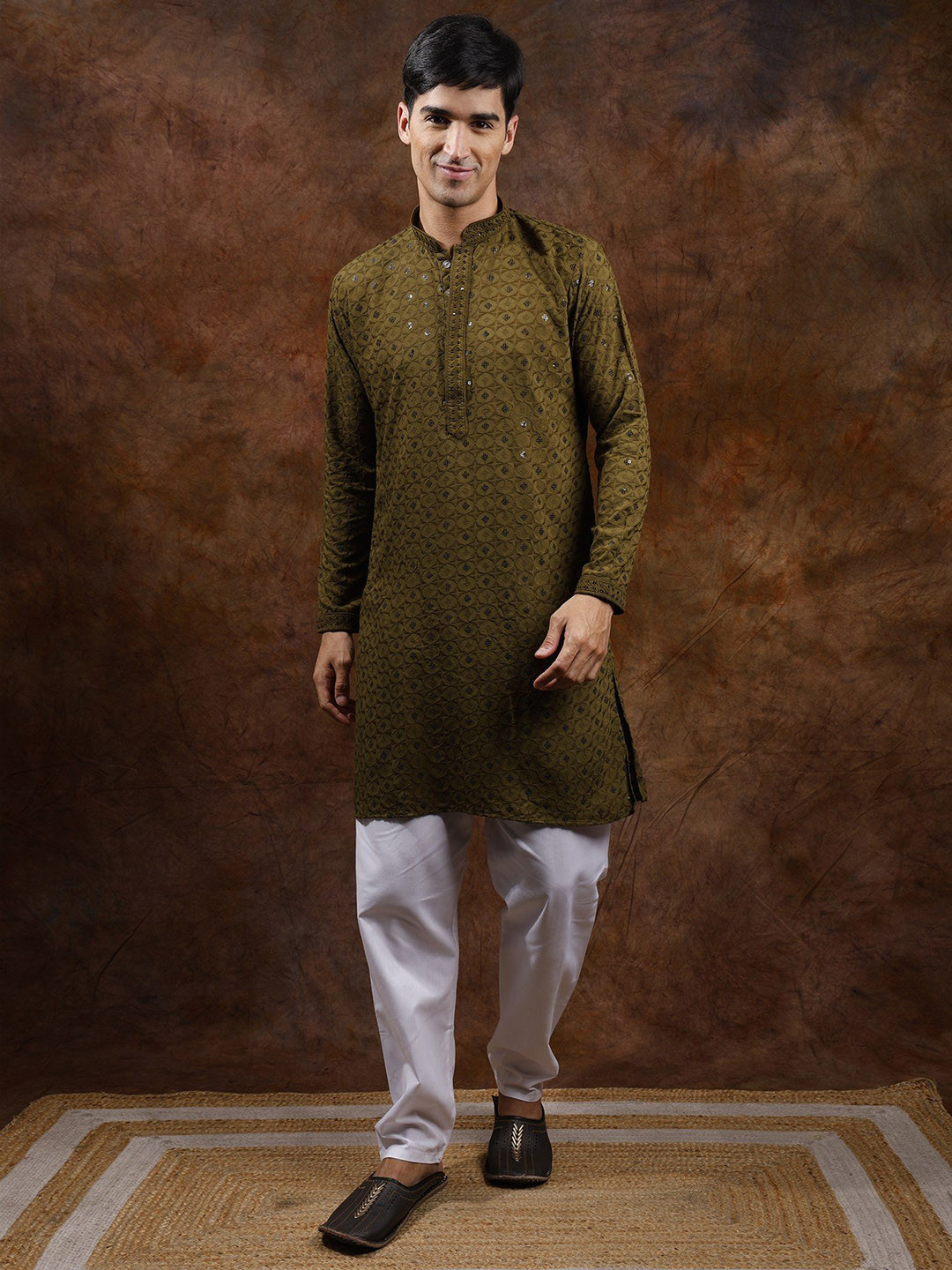 Exotic India Capulet Olive Kurta Pajama Set with All-Over Sequins and Thread Embroidery