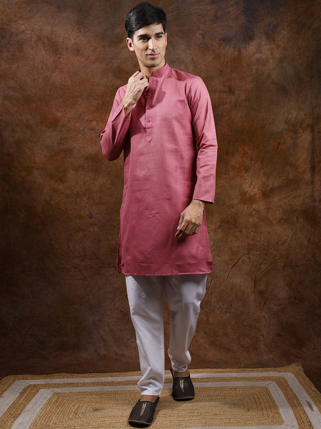 Exotic India Dusty Rose Pure Cotton Plain Casual Kurta with Elastic Waist White Pajama