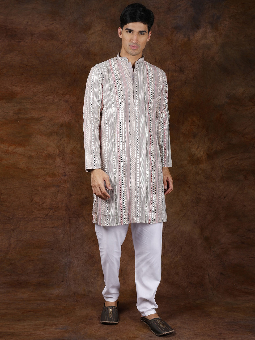 Exotic India Mourning Dove Designer Kurta Pajama Set with Mirrors and Embroidered Sequins