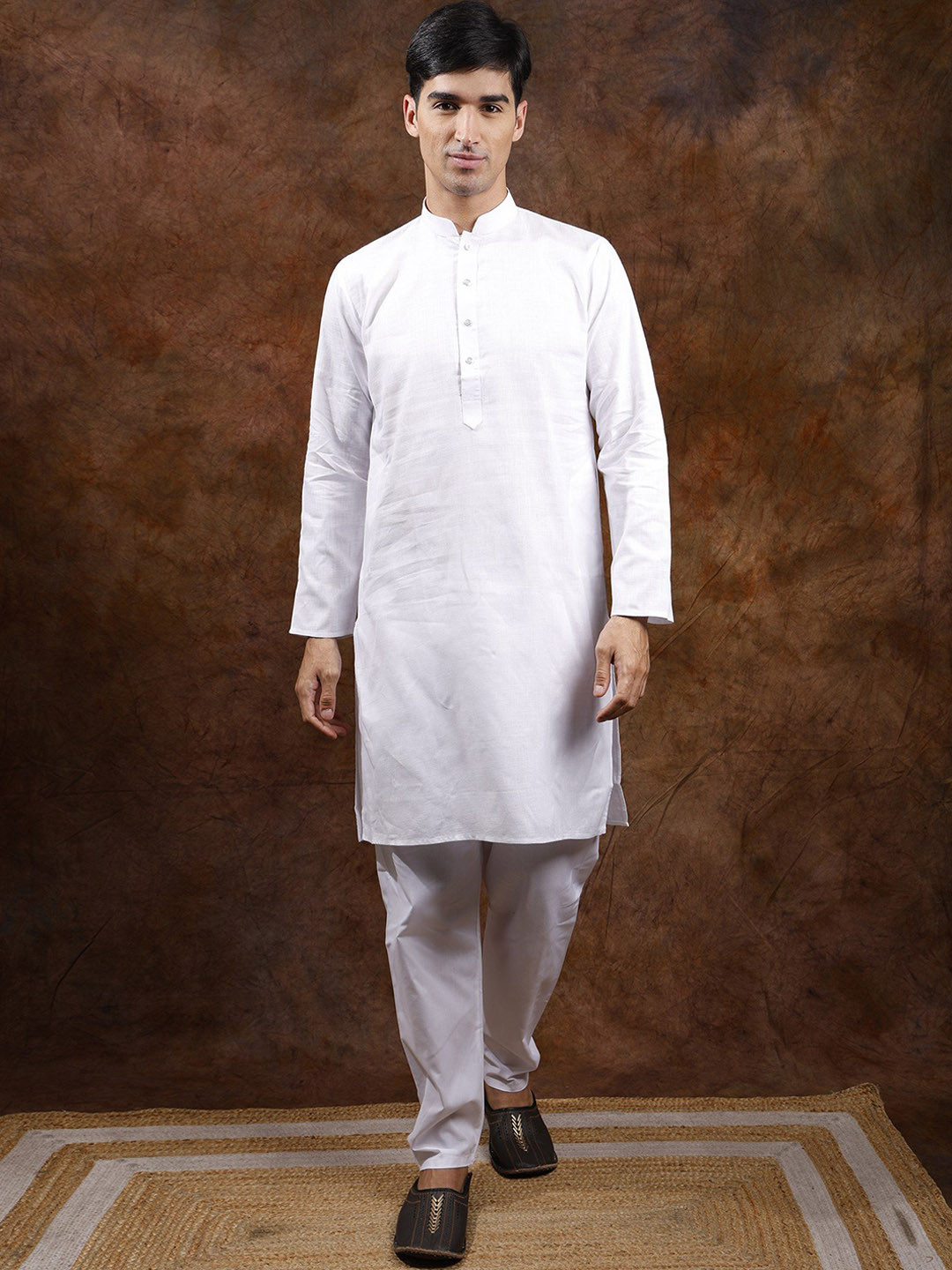 Exotic India Mandarin Collar Pure Cotton Lucent Kurta Pajama Set