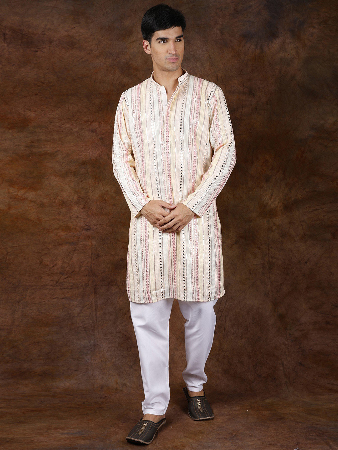 Exotic India Cloud Cream Designer Kurta Pajama Set with Mirrors and Embroidered Sequins