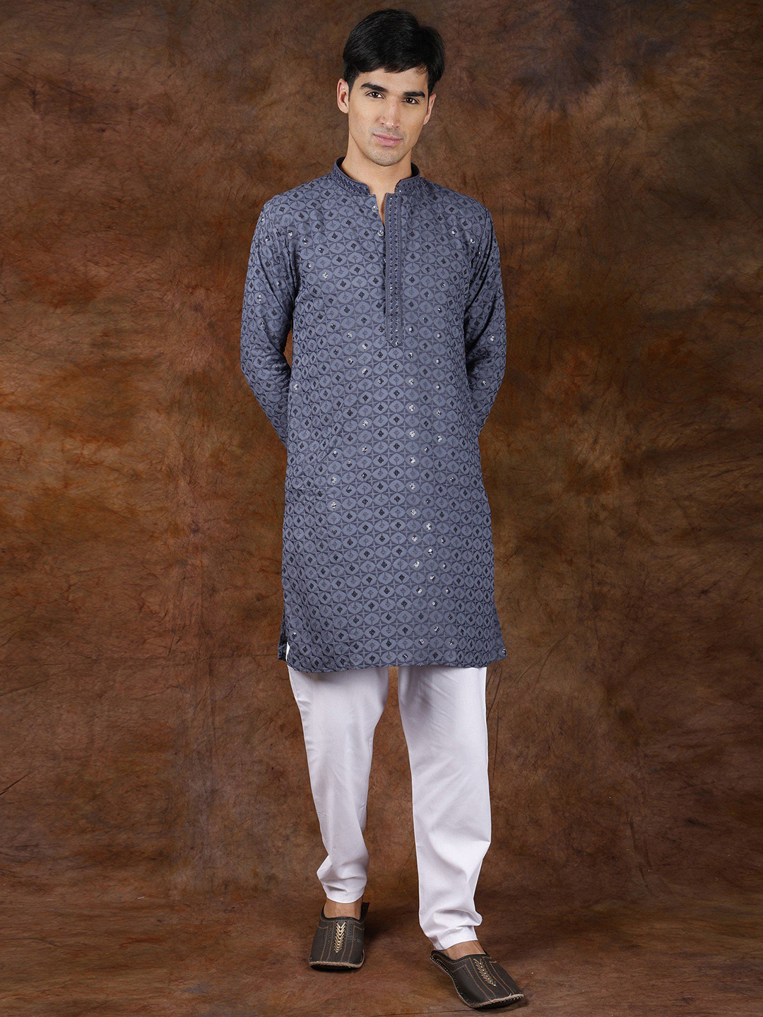Exotic India Blue Fusion Kurta Pajama Set with All-Over Sequins and Thread Embroidery