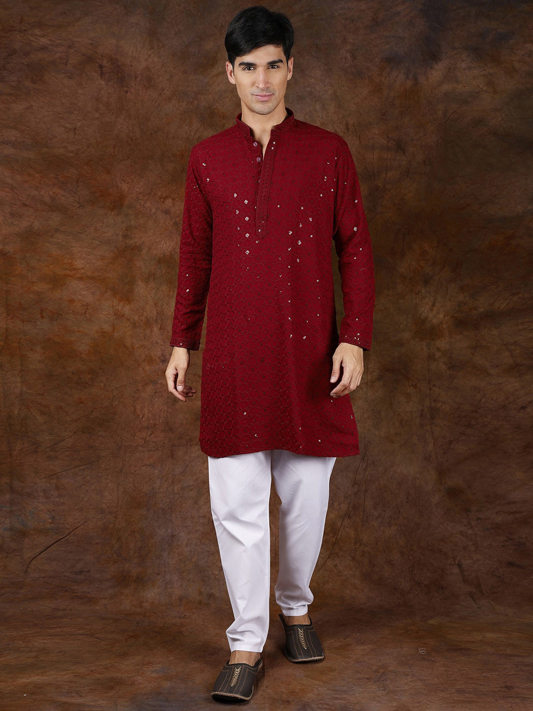 Exotic India Tango Red Kurta Pajama Set with All-Over Sequins and Thread Embroidery