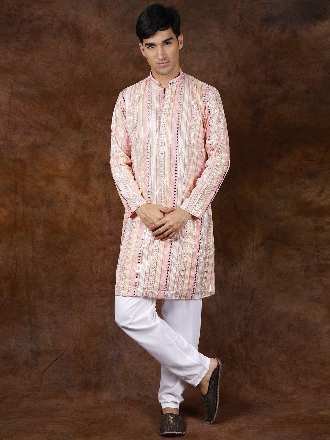 Exotic India Gossamer Pink Designer Kurta Pajama Set with Mirrors and Embroidered Sequins