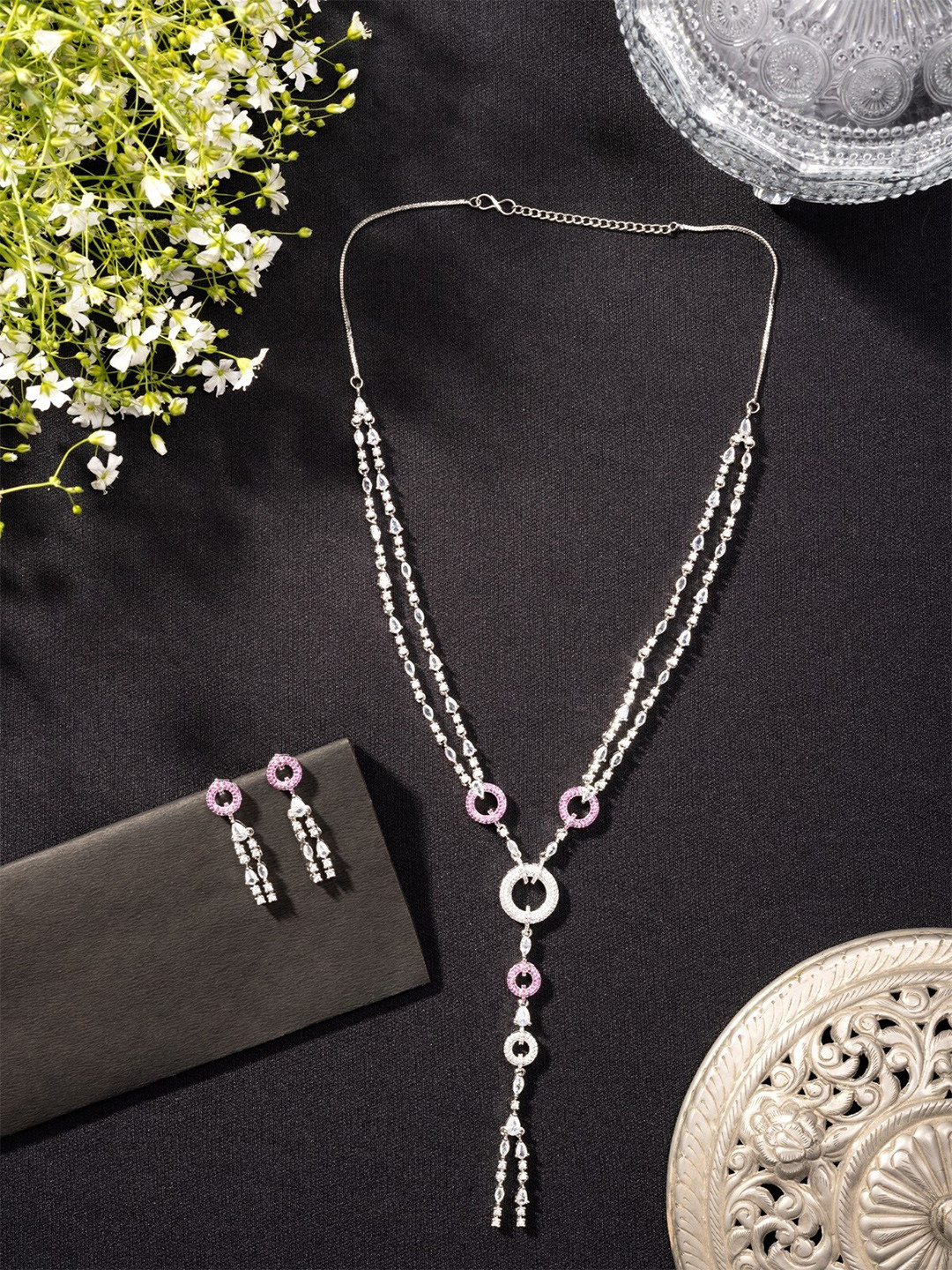 Niscka Rhodium Plated American Diamond Necklace Set