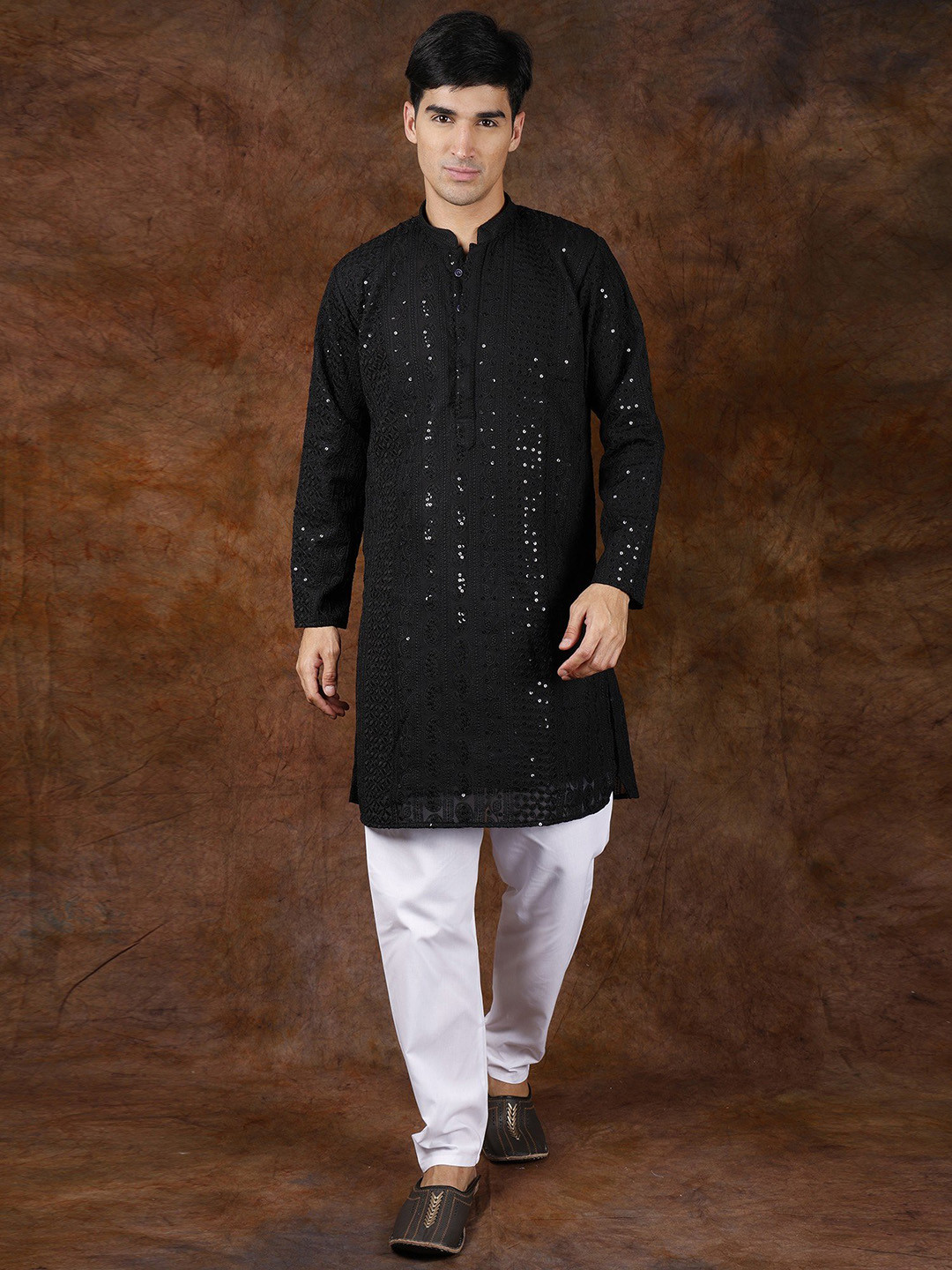 Exotic India Black Onyx Lukhnavi Chikan Kurta Pajama Set with Embroidered Paisleys