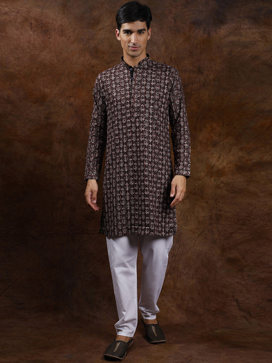 Exotic India Black With Brown Intricate Heavy Embroidered Wedding Kurta Pajama and Sequins