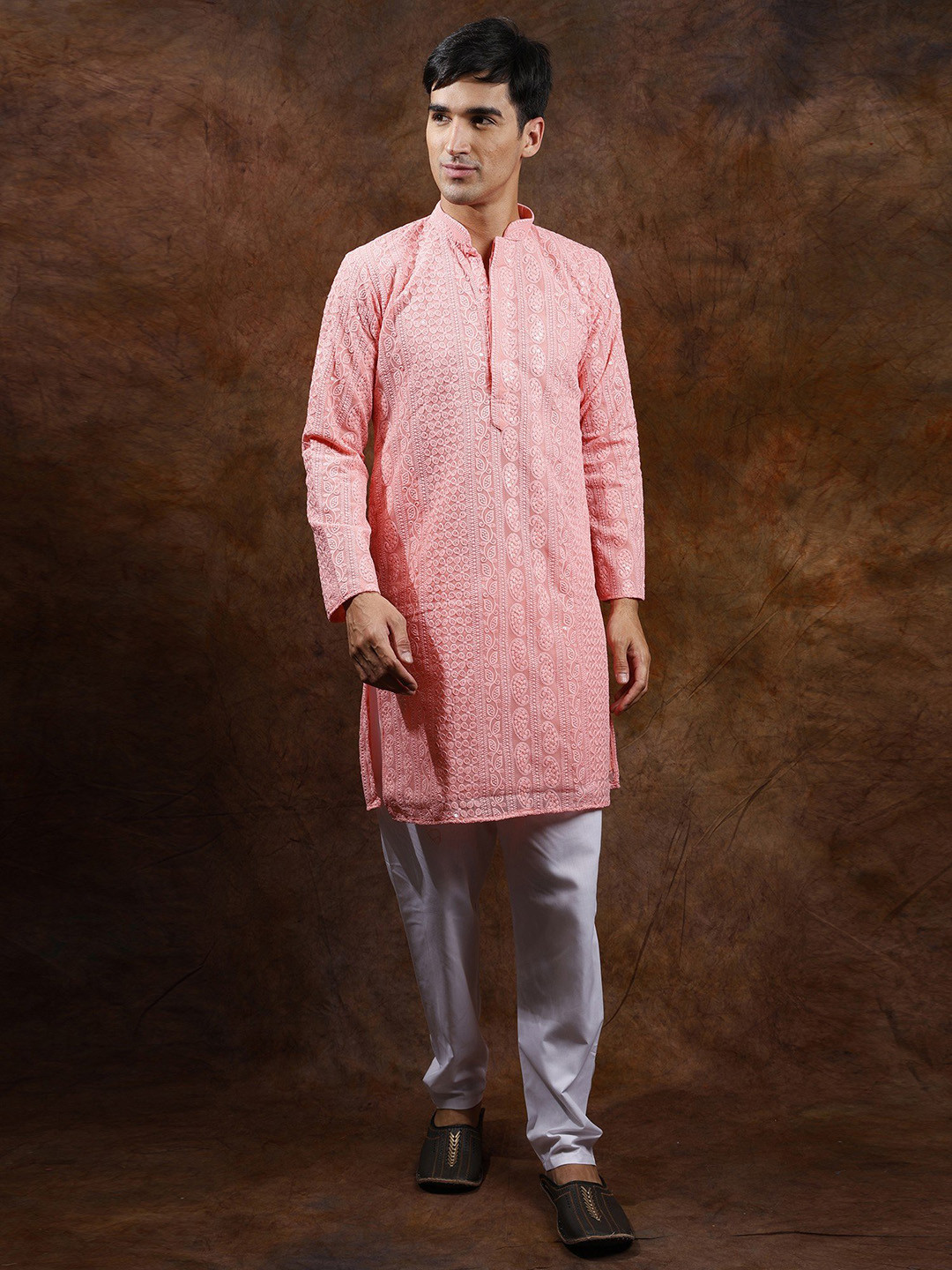 Exotic India Flamingo Pink Lukhnavi Chikan Kurta Pajama Set with Embroidered Paisleys