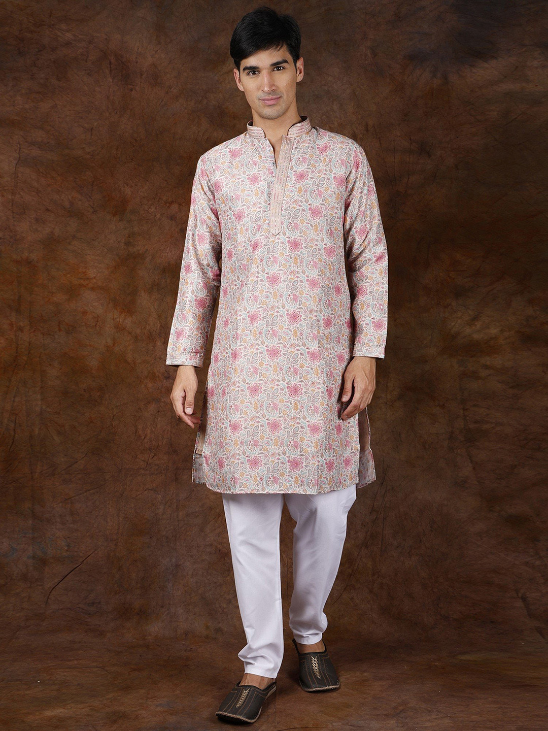 Exotic India Rosebloom Floral Printed Kurta Pajama Set With Gota Patti on Neck