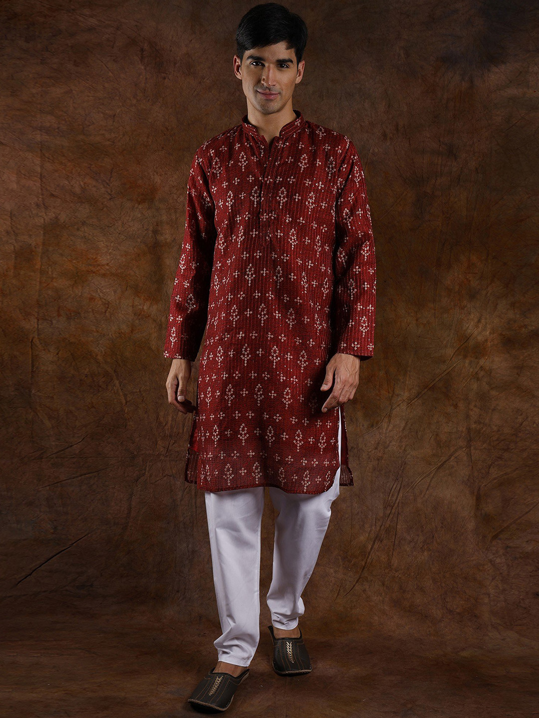 Exotic India Bandhani Tie-Dye Print Savvy Red Kurta Pajama Set with Sequins Embroidery