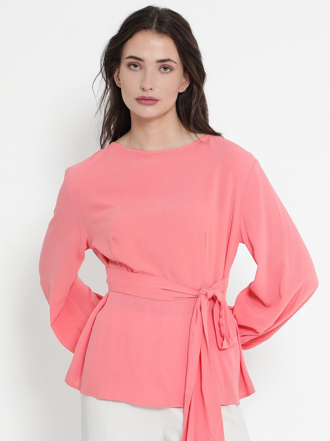 RAREISM Round Neck Cuffed Sleeves Styled Back Top