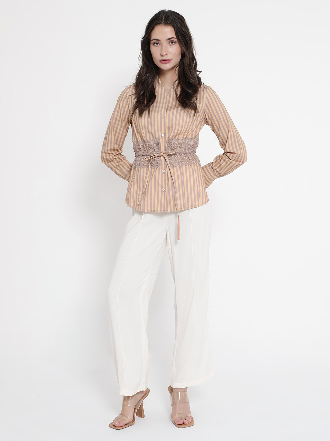 RAREISM Striped Dooze Regular Fit Waist Tie-Up Cuffed Sleeves Cotton Shirt Style Top