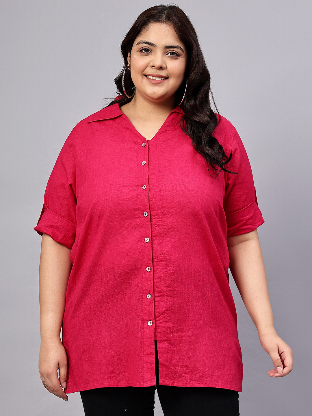 Indietoga Plus Size Pink Solid Casual Cotton Longline Shirt
