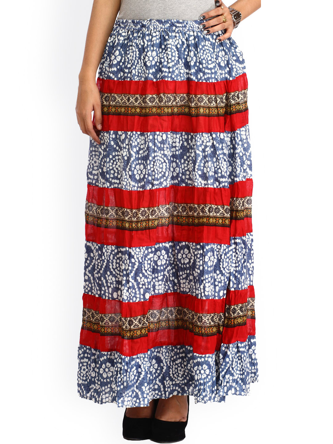 Exotic India Blue and Maroon Pure Cotton Elastic Long Skirt with Floral Print