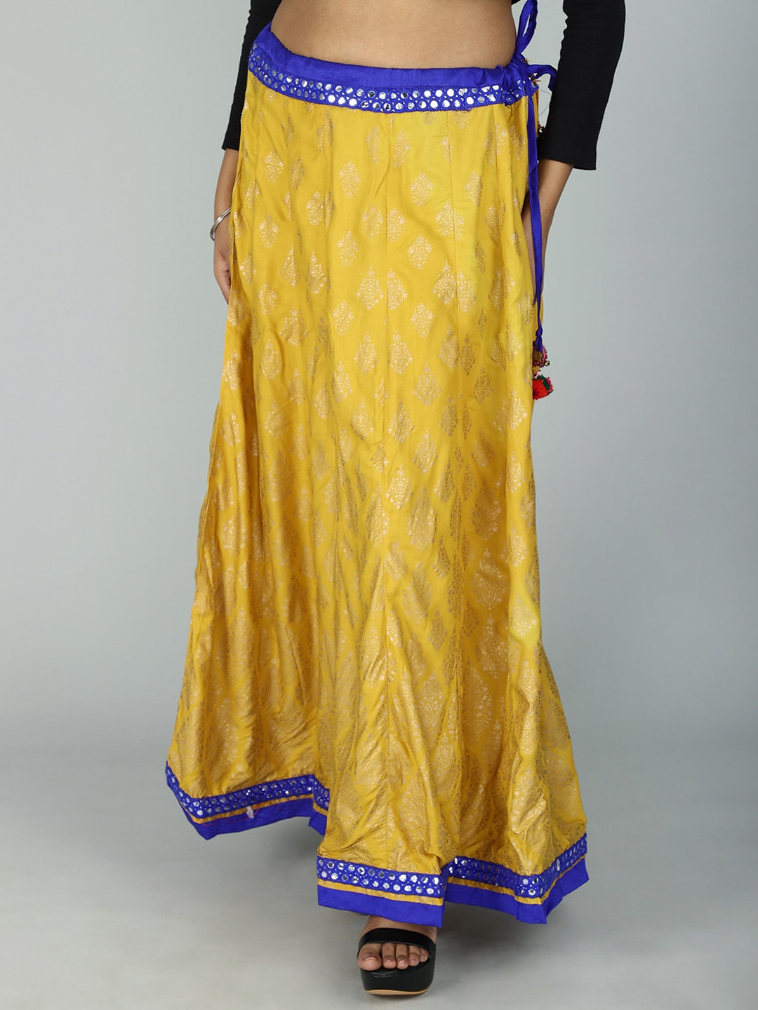 Exotic India Mustard Golden Floral Print and Mirror Embroidered Patch Border Ethnic Skirt