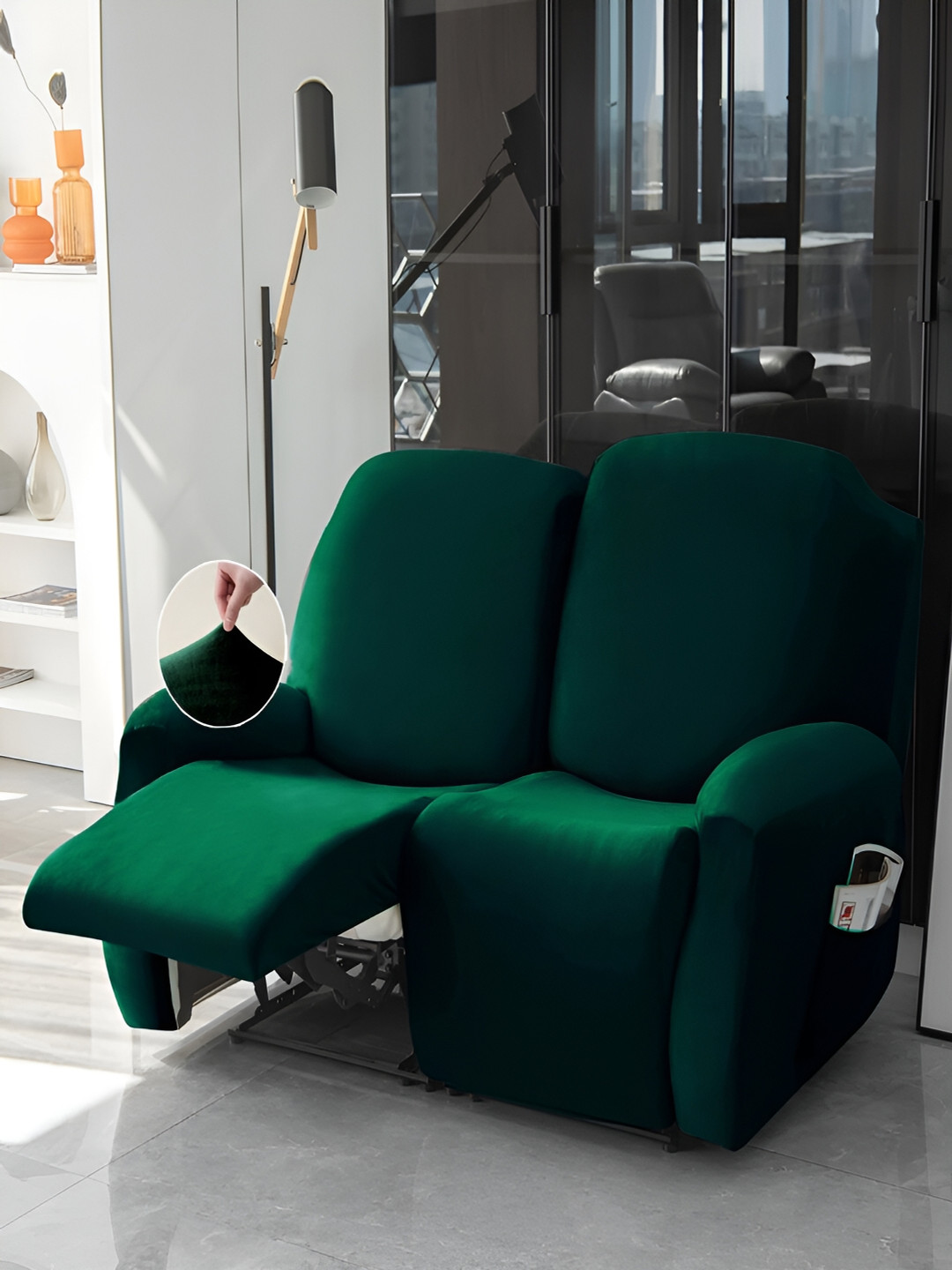 HOKIPO Green Velvet 2 Seater Stretchable Sofa Cover With Arms