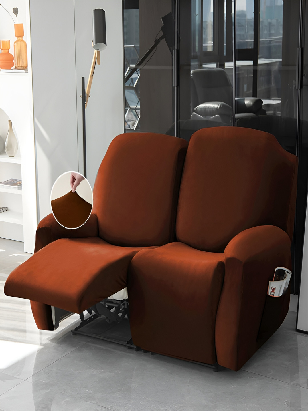 HOKIPO Brown Velvet 2 Seater Stretchable Sofa Cover With Arms