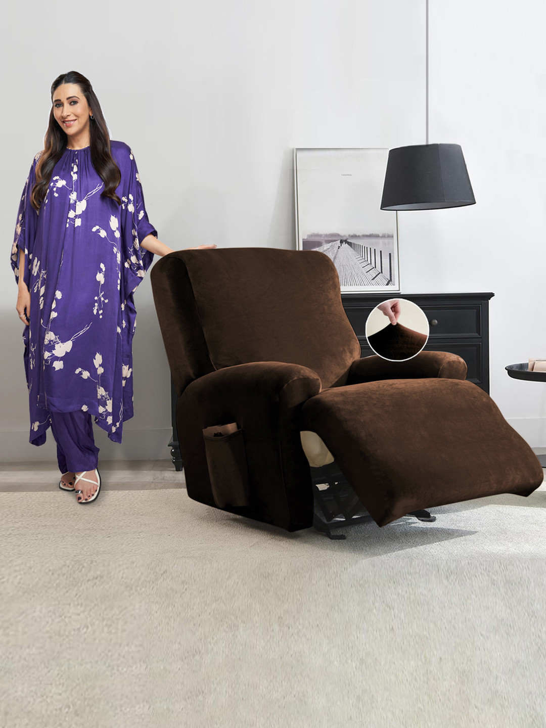 HOKIPO Brown Velvet 1 Seater Stretchable Sofa Cover With Arms