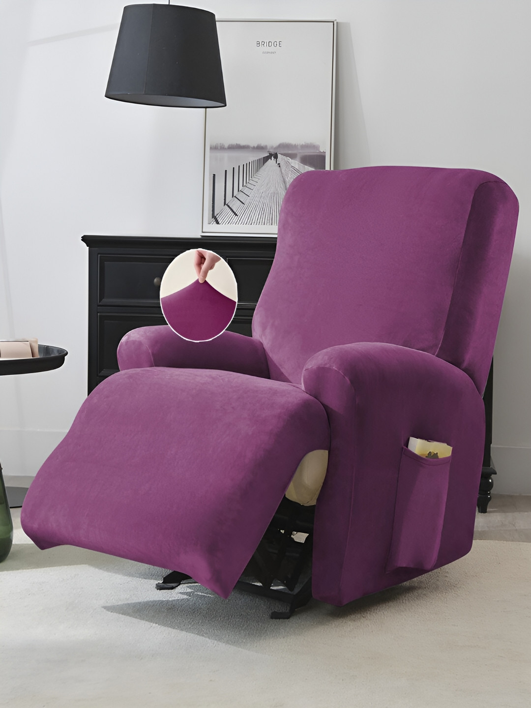 HOKIPO Purple Velvet 1 Seater Stretchable Sofa Cover With Arms