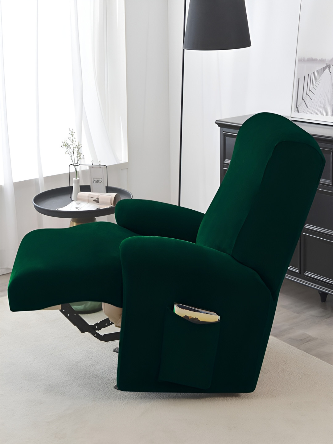 HOKIPO Green Velvet 1 Seater Stretchable Sofa Cover With Arms