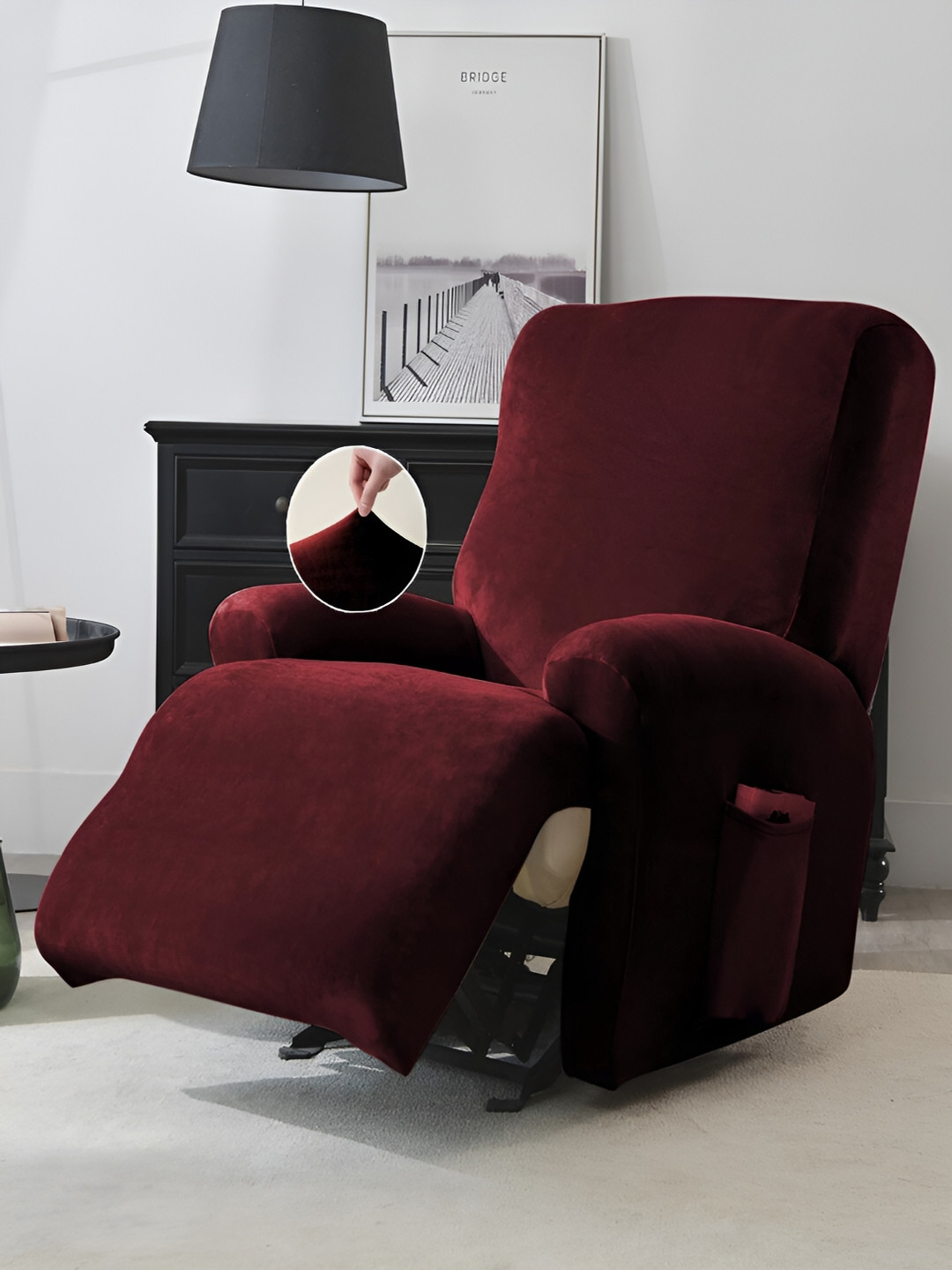 HOKIPO Burgundy Velvet 1 Seater Stretchable Sofa Cover With Arms