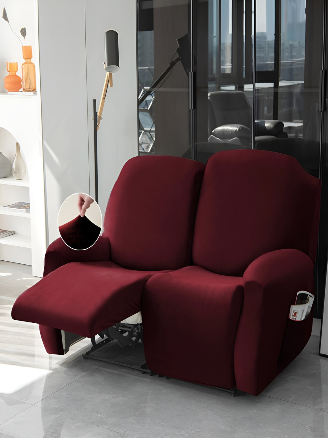 HOKIPO Burgundy Velvet 2 Seater Stretchable Sofa Cover With Arms