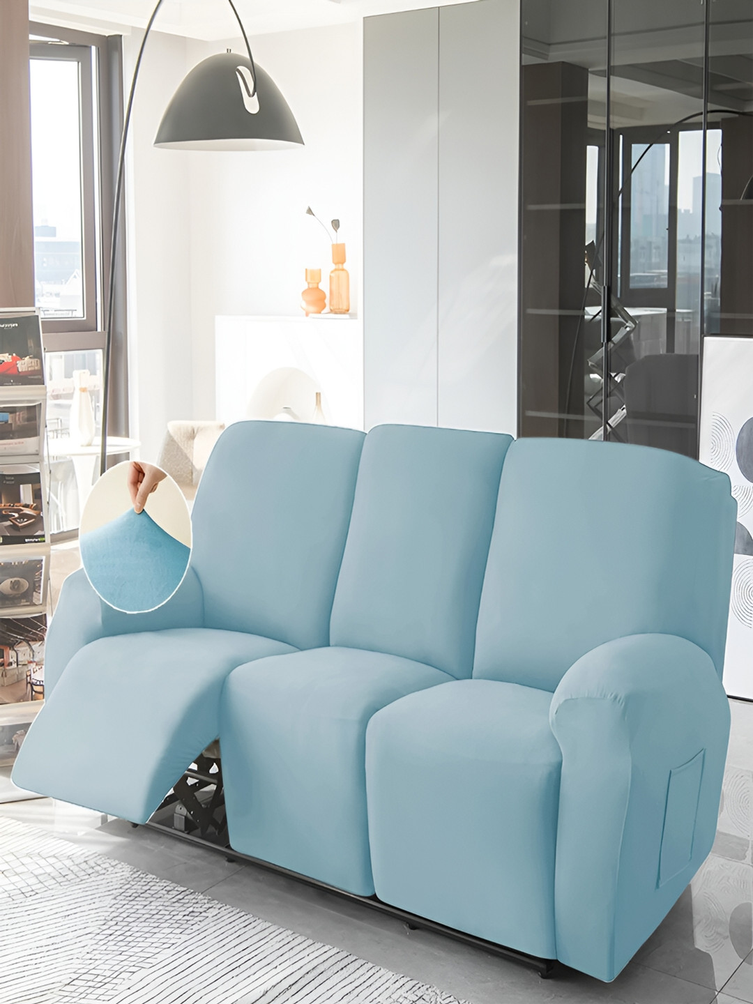 HOKIPO Blue Velvet 3 Seater Stretchable Sofa Cover With Arms