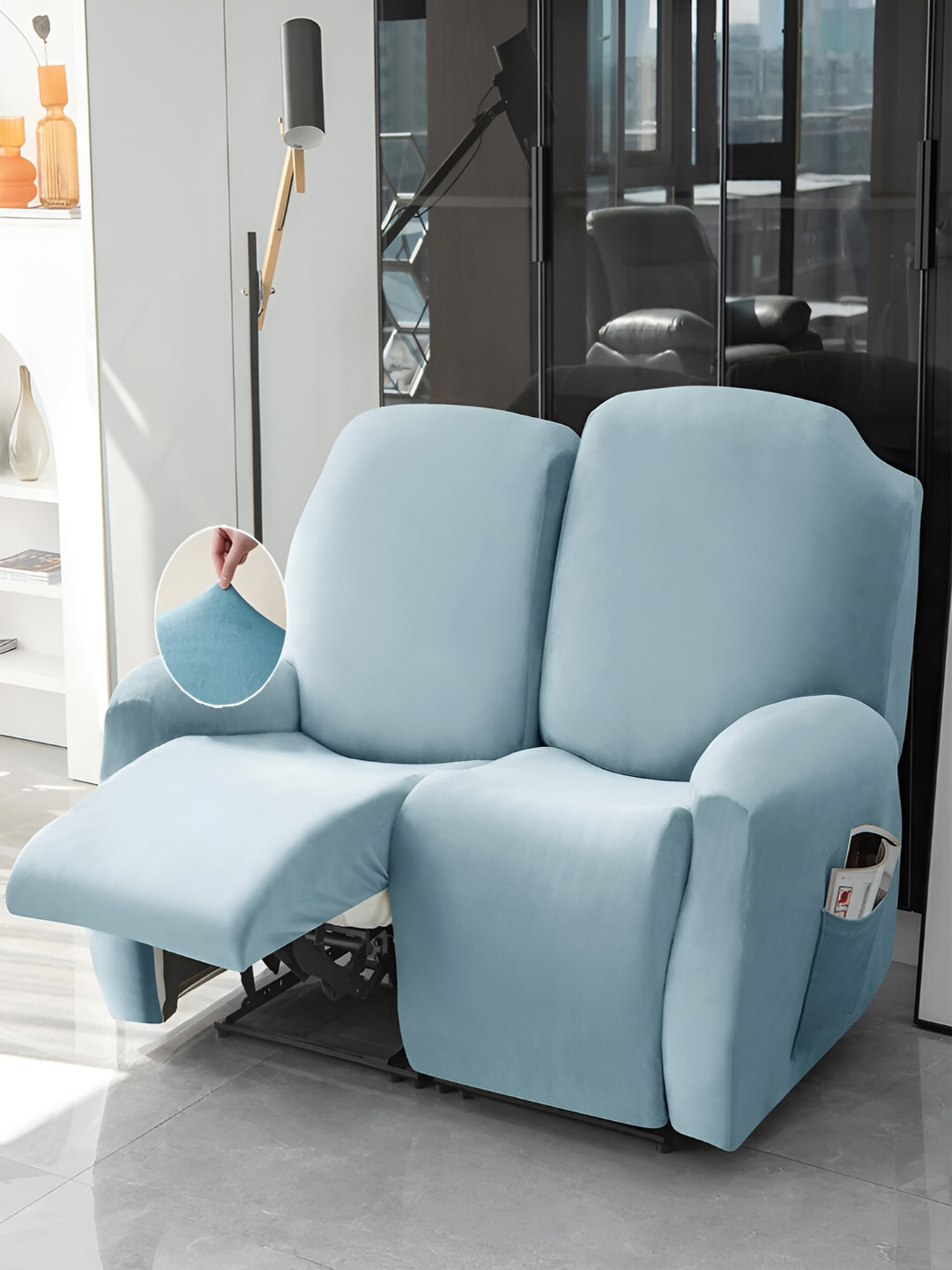 HOKIPO Blue Velvet 2 Seater Stretchable Sofa Cover With Arms