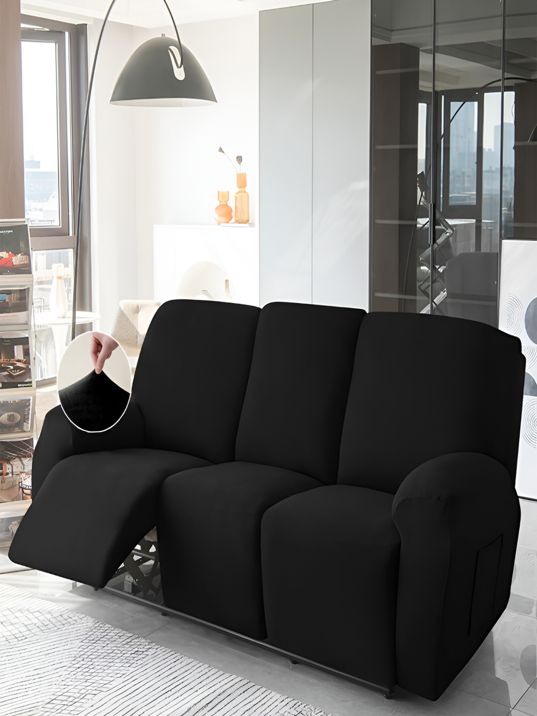 HOKIPO Black Velvet 3 Seater Stretchable Sofa Cover With Arms