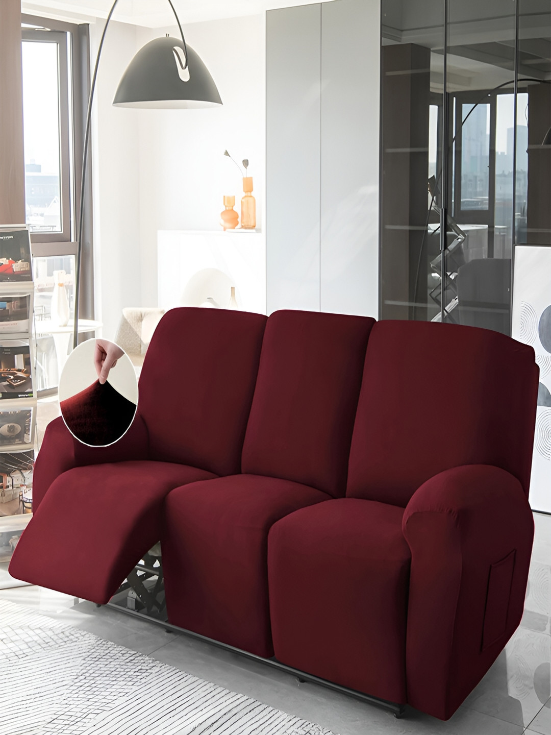 HOKIPO Burgundy Velvet 3 Seater Stretchable Recliner Sofa Cover With Arms