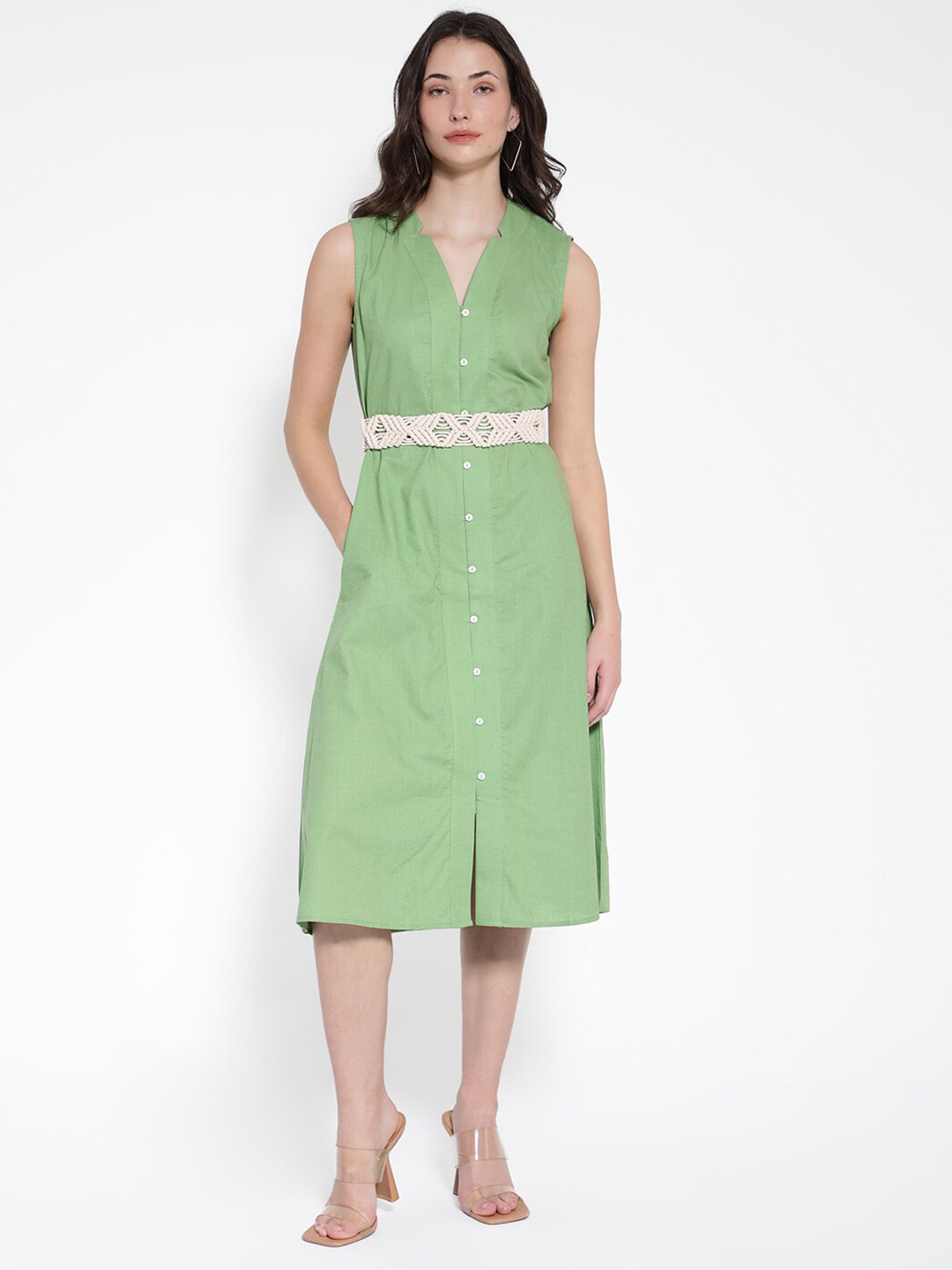 RAREISM V Neck Linen A-Line Midi Dress